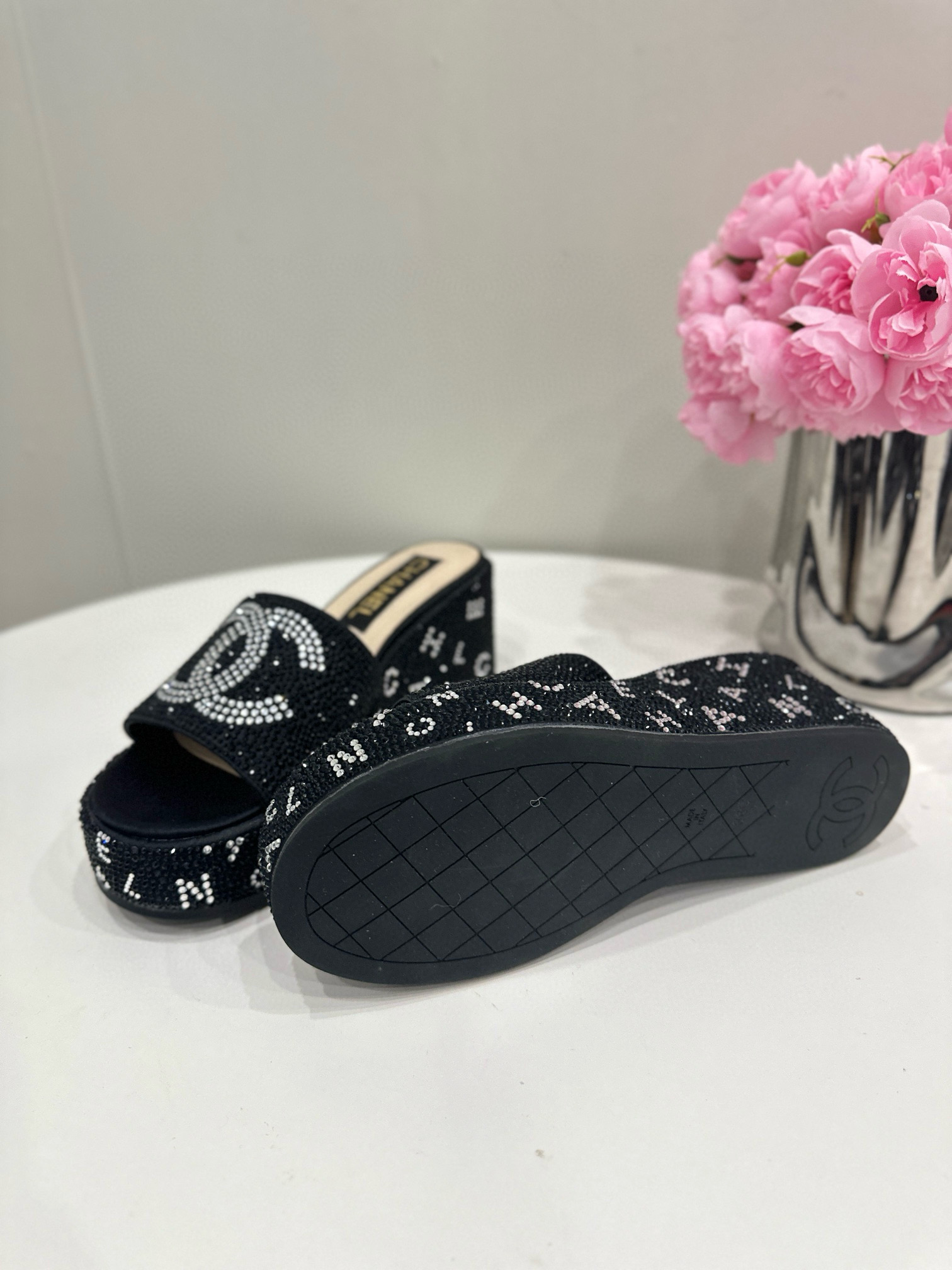 CHANEL Wedge Diamond Slippers