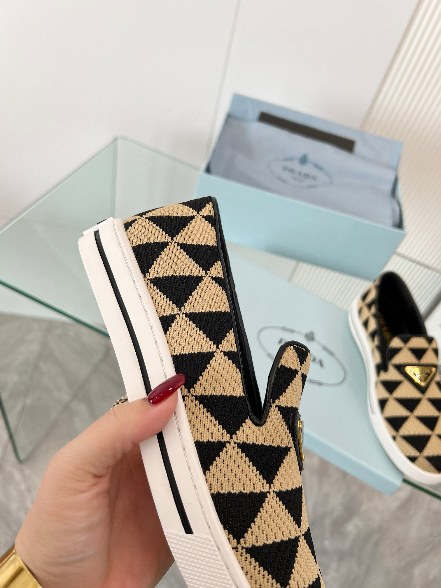 PRADA Embroidered fabric slip-on shoes