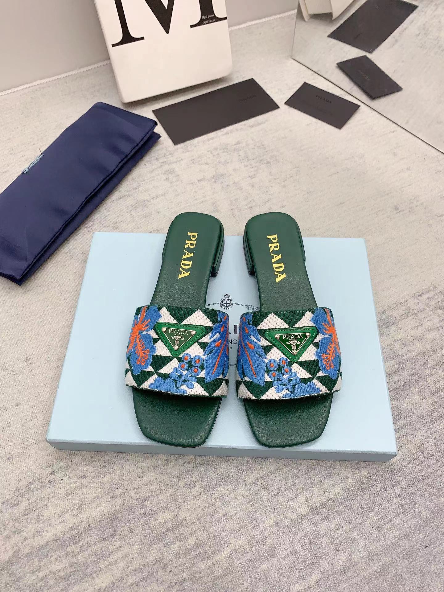 PRADA Triangle printed fabric slippers