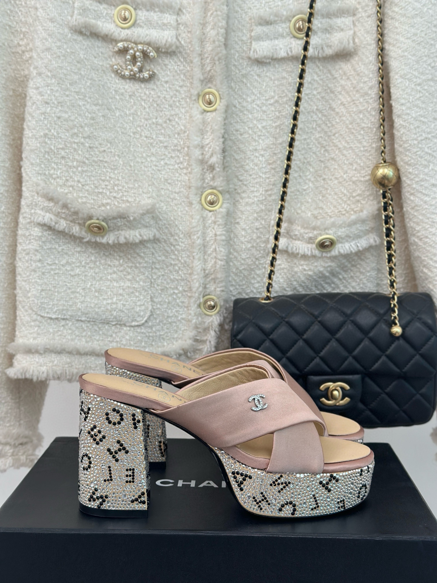 CHANEL Rhinestone cross platform slippers