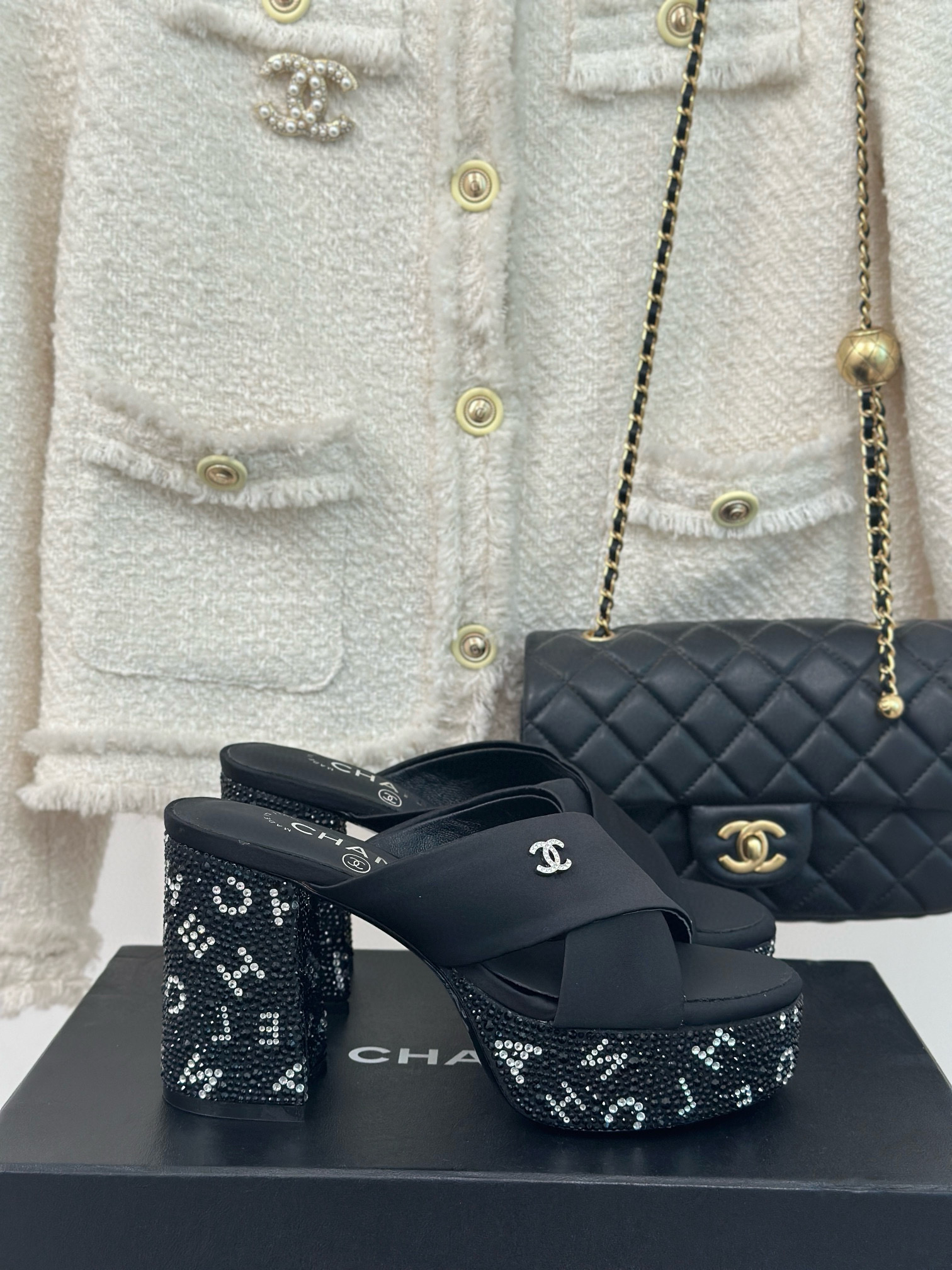 CHANEL Rhinestone cross platform slippers