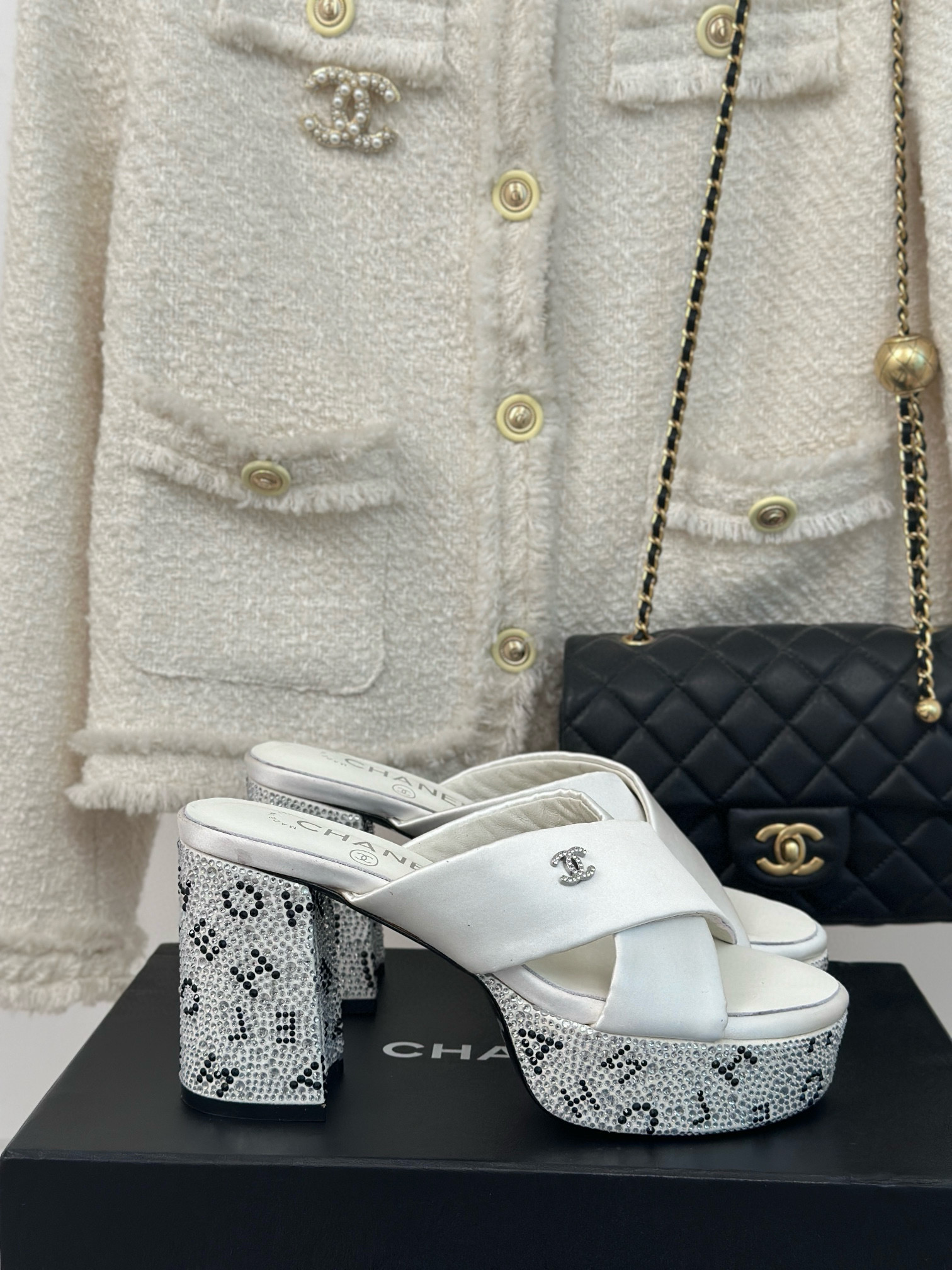 CHANEL Rhinestone cross platform slippers