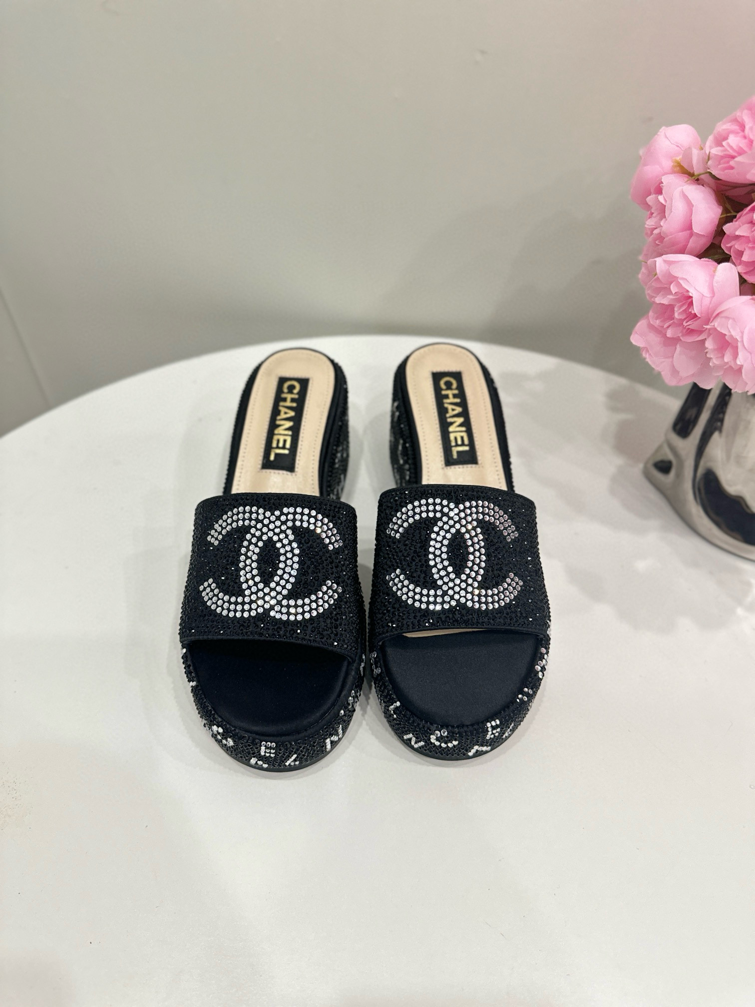 CHANEL Wedge Diamond Slippers