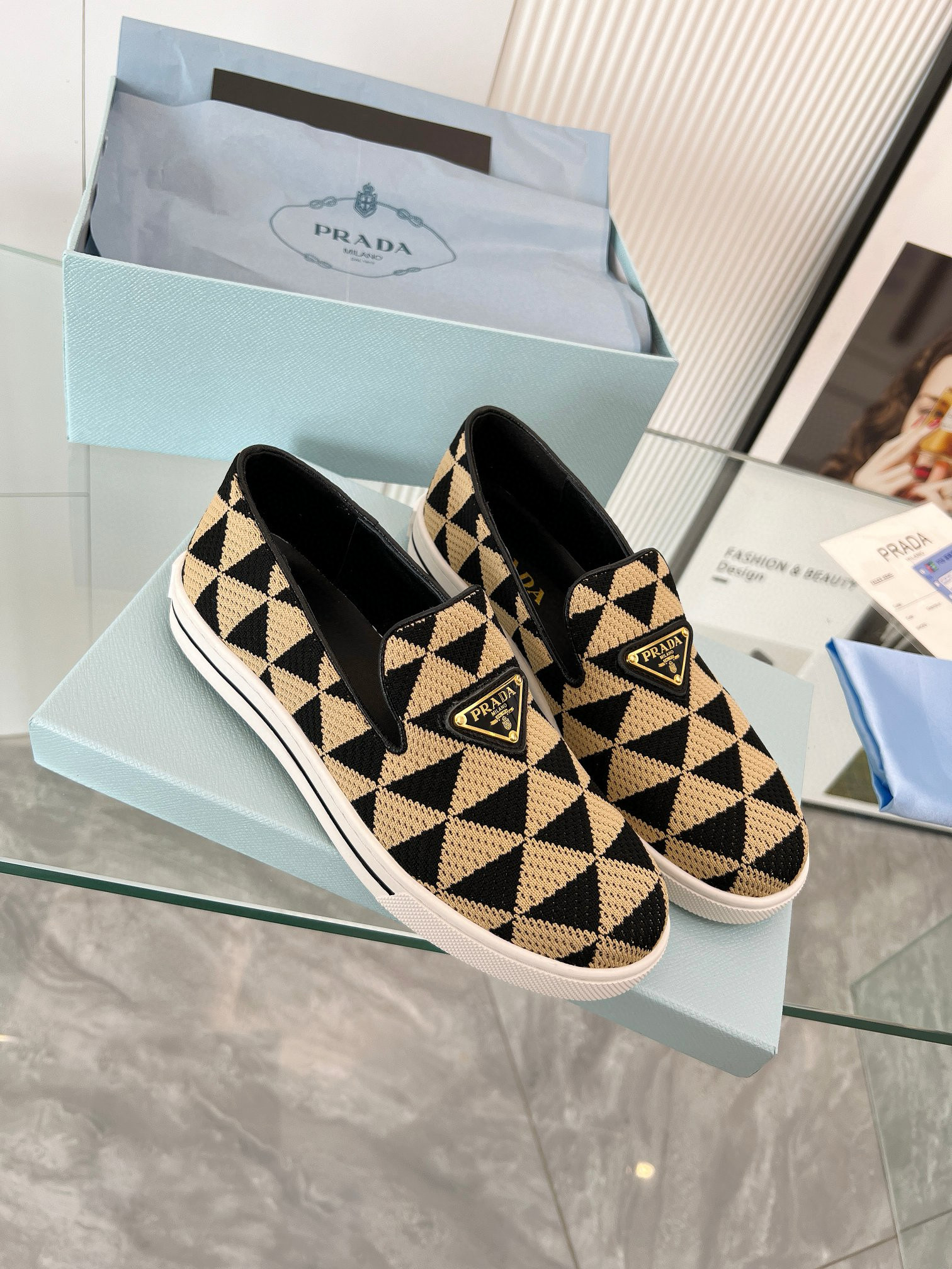 PRADA Embroidered fabric slip-on shoes