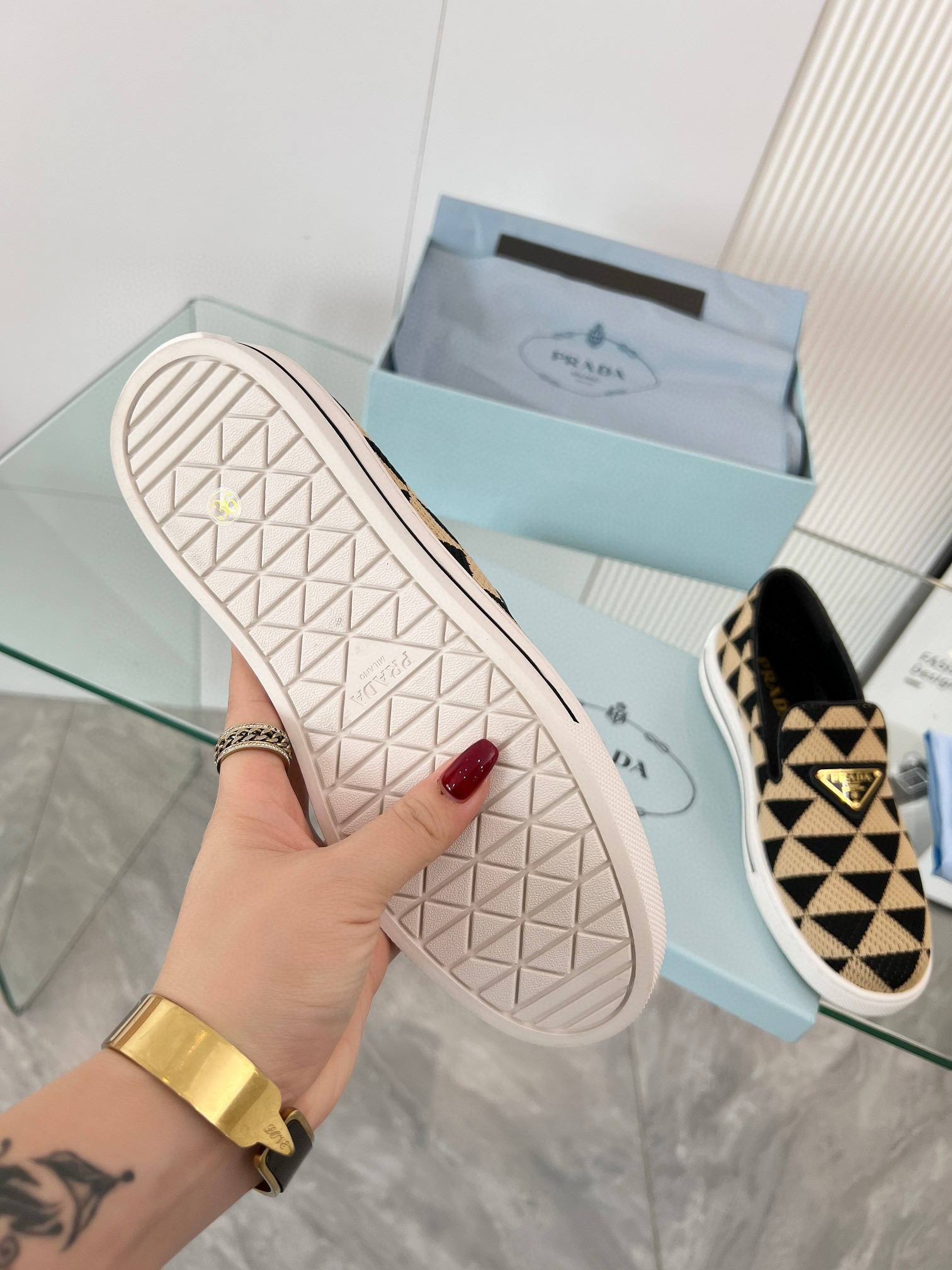 PRADA Embroidered fabric slip-on shoes