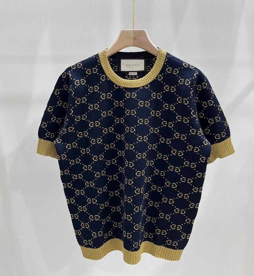 GUCCI Gold and silver thread mixed color knitted short sleeve